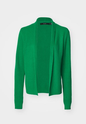 Zeleni pleteni kardigan z odprtim sprednjim delom, dolgimi rokavi, rebrasto teksturo in sproščenim krojem. Brez zaponk ali zapletenih vzorcev.