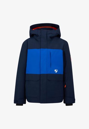 Navy and blue insulated jacket with a hood, featuring a front zip, large pockets, and contrasting orange lining. Accents include a logo patch.
