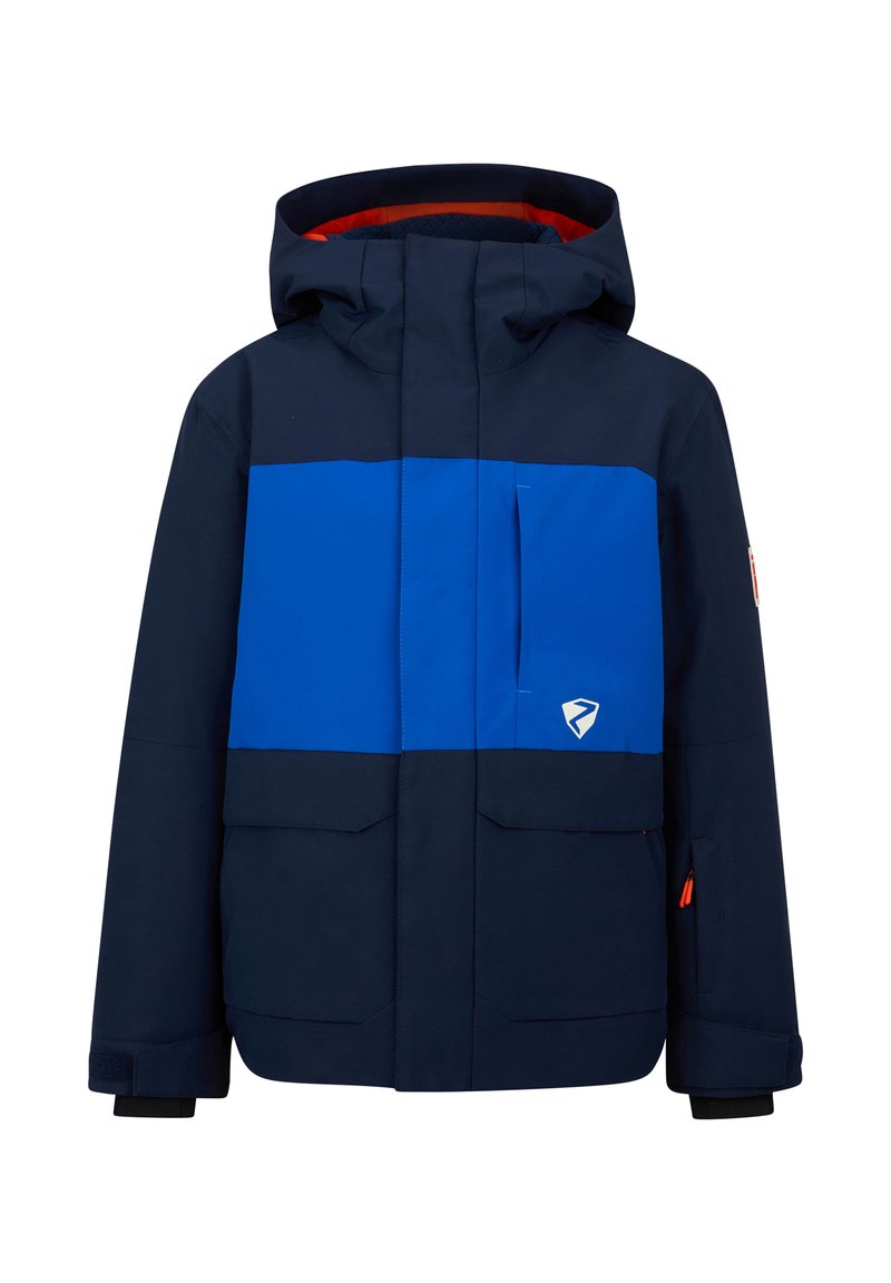 Navy and blue insulated jacket with a hood, featuring a front zip, large pockets, and contrasting orange lining. Accents include a logo patch.