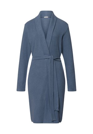 Robe blu, fino al ginocchio, con maniche lunghe, colletto a scialle e cintura in vita. Realizzato in un tessuto morbido con una consistenza liscia. Nessun motivo visibile.