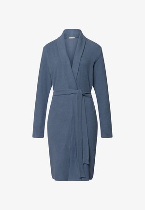 Robe blu, fino al ginocchio, con maniche lunghe, colletto a scialle e cintura in vita. Realizzato in un tessuto morbido con una consistenza liscia. Nessun motivo visibile.