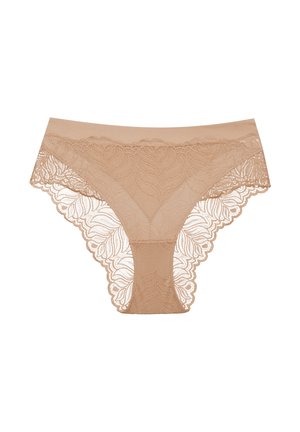 Beige lace panties featuring a floral pattern, sheer side panels, and a smooth waistband. Soft texture with detailed lace trim.
