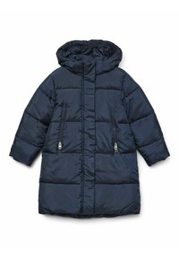 Granatowa kurtka puchowa z kapturem, z poziomymi przeszyciami, dwoma zapinanymi na zamek kieszeniami po bokach, o prostym, oversize'owym kroju.