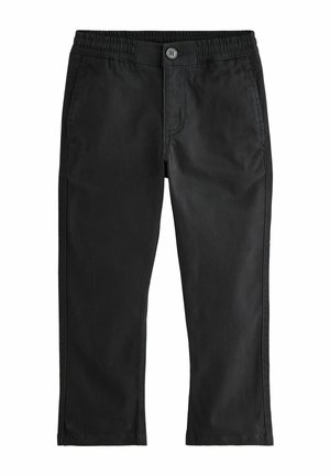 Pantaloni neri a gamba dritta con vita elastica, chiusura con bottone e tasche laterali, mostrati su sfondo bianco.