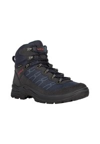 Mittelhohe Wanderschuhe mit einem dunkelblauen Stoffobermaterial, grauen Wildlederakzenten, schwarzer Gummisohle und Metallösen für die Schnürsenkel.