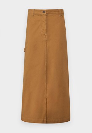 Rochet midi en coton marron avec une fermeture à boutons sur le devant, des passants de ceinture et des poches latérales. Texture lisse et coupe droite.