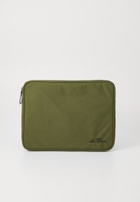 Olive green laptop sleeve made of textured fabric, featuring a zip closure and a small embroidered logo in black on one side.