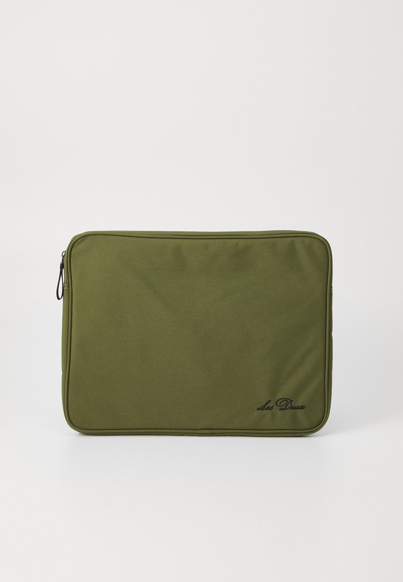 Olive green laptop sleeve made of textured fabric, featuring a zip closure and a small embroidered logo in black on one side.