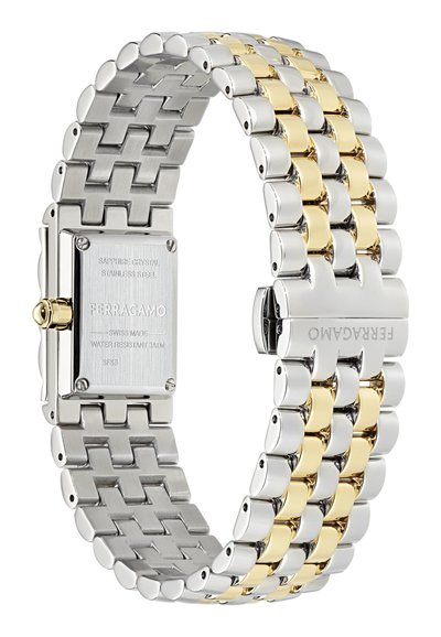 Roostevabast terasest käekell hõbeda ja kuldse lingiga rihmaga, ristküliku kujuline korpus ja safiirkristall; graveeritud brändi detail ja veekindel.