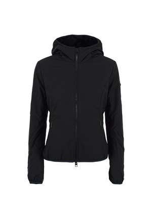 Giacca nera con cappuccio, dotata di zip frontale, due tasche laterali, design aderente e texture liscia. Realizzata in materiale leggero e resistente alle intemperie.
