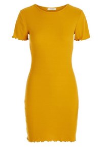 Gul bodycon-klänning gjord av elastisk tyg, med korta ärmar och en scalloped nederkant. Slät textur, figurnära design, knälång klipp.