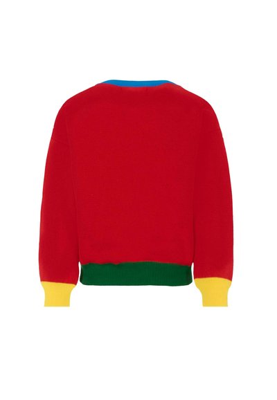 Maglione rosso lavorato a maglia con collo blu, orlo verde e polsini gialli. Presenta una vestibilità rilassata e un tessuto texturizzato. Vista posteriore solamente.