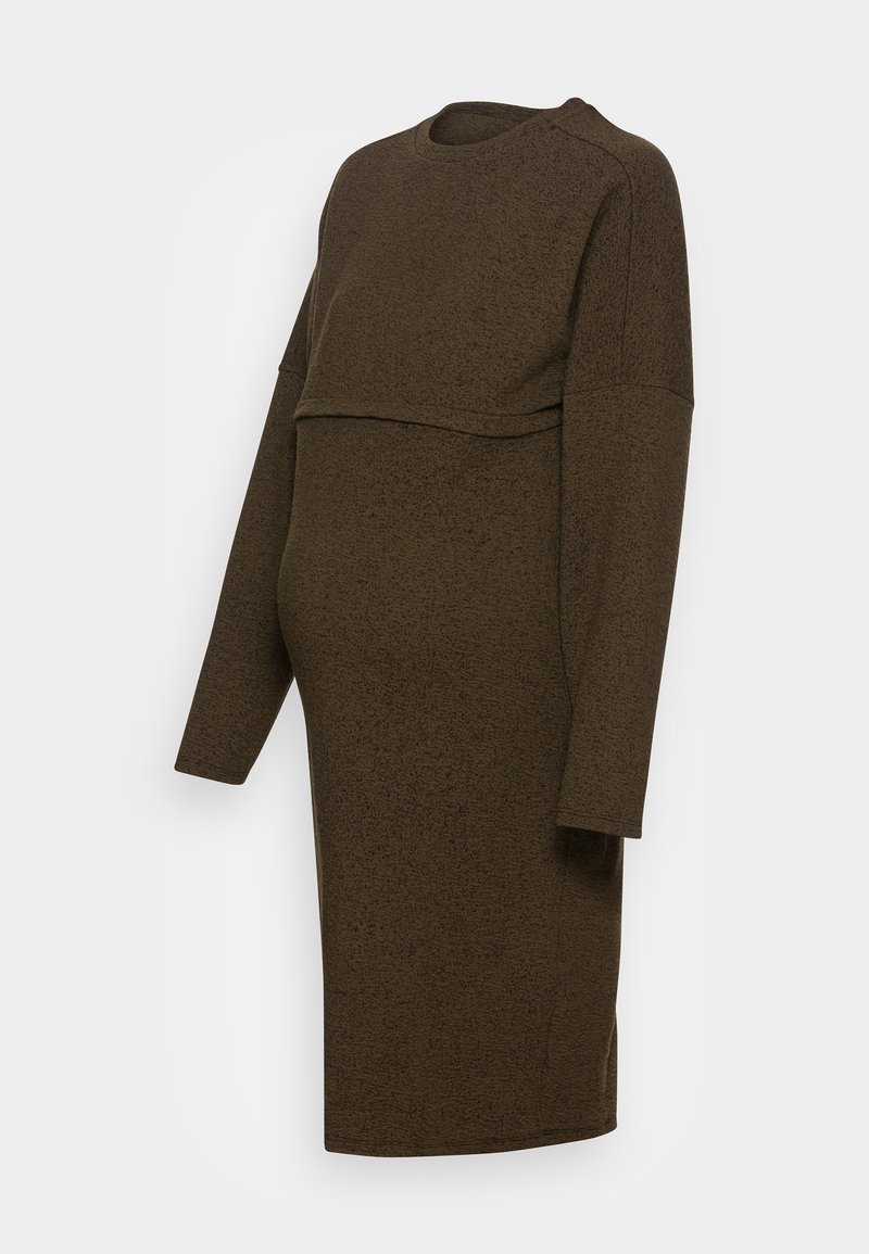 Robe de maternité à manches longues, brun foncé, avec un panneau de tissu superposé sur la poitrine et un ourlet à hauteur des genoux.