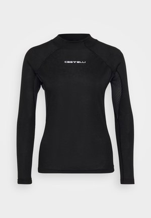 Schwarzes langärmeliges Thermoshirt mit hohem Kragen, ausgestattet mit Mesh-Akzenten an den Seiten und weißem "Castelli"-Logo über der Brust. Glatte Textur.
