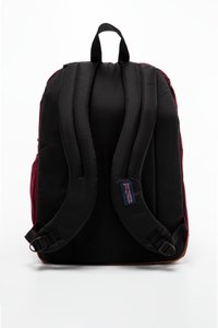 Sac à dos noir et bourgogne avec des bretelles rembourrées, des poches latérales en mesh et une poignée supérieure. Présente une étiquette de logo sur une bretelle. Texture de tissu lisse.