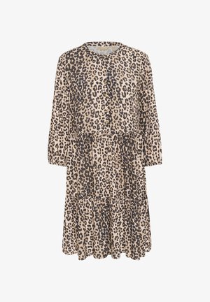 Løveprints kjole med rund halsudskæring, knaplukning foran, trekvartærmer og en lagdelt nederdel. Lavet af blødt stof med en let tekstur.