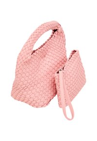 Borsa a tracolla rosa intrecciata con manico rotondo e una pochette staccabile aggiuntiva. Texture liscia con un motivo intrecciato su tutta la superficie.