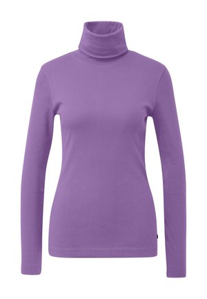 Chemise à col roulé violet en tissu de coton lisse, dotée de manches longues et d'un col haut ajusté avec un ourlet droit.