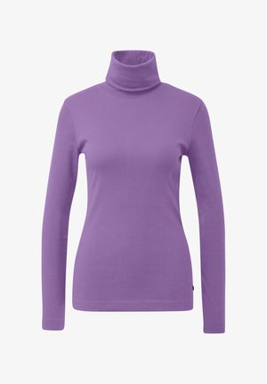 Lila Rollkragenpullover aus glattem Baumwollstoff, mit langen Ärmeln und einem engen, hohen Kragen sowie einem geraden Saum.