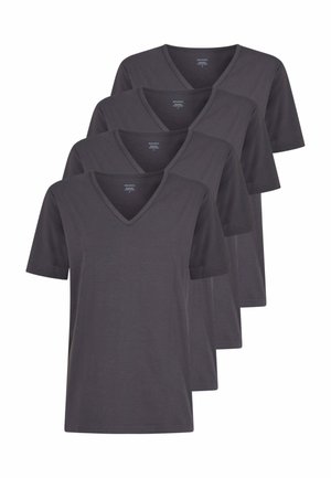 Set di quattro T-shirt in cotone grigio scuro con maniche corte e scollo a V. Tessuto liscio con uno stile minimalista.