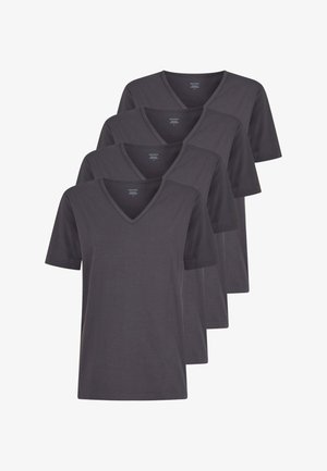Set di quattro T-shirt in cotone grigio scuro con maniche corte e scollo a V. Tessuto liscio con uno stile minimalista.