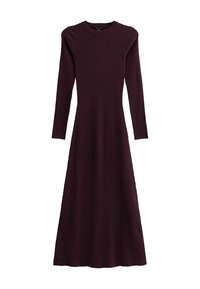 Abito lungo a maniche lunghe color bordeaux a coste, con scollatura rotonda, silhouette fluida e design a lunghezza completa, realizzato in tessuto elasticizzato.