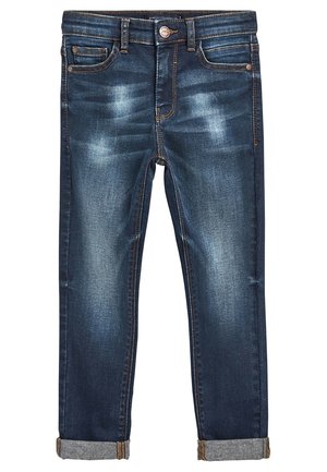 Ciemnoniebieskie jeansy z denimu z podwiniętymi mankietami, zapięciem na guzik i suwak z przodu oraz wzorem z pięcioma kieszeniami i wyblakłymi detalami.