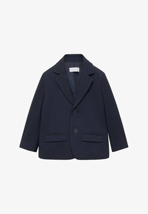 Navy blazer made of woven fabric, featuring a notched collar, two front pockets, and a single-button closure. Smooth texture, tailored fit.