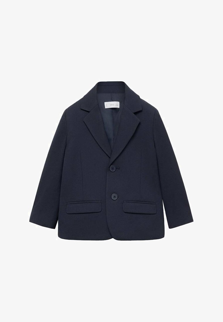 Navy blazer made of woven fabric, featuring a notched collar, two front pockets, and a single-button closure. Smooth texture, tailored fit.