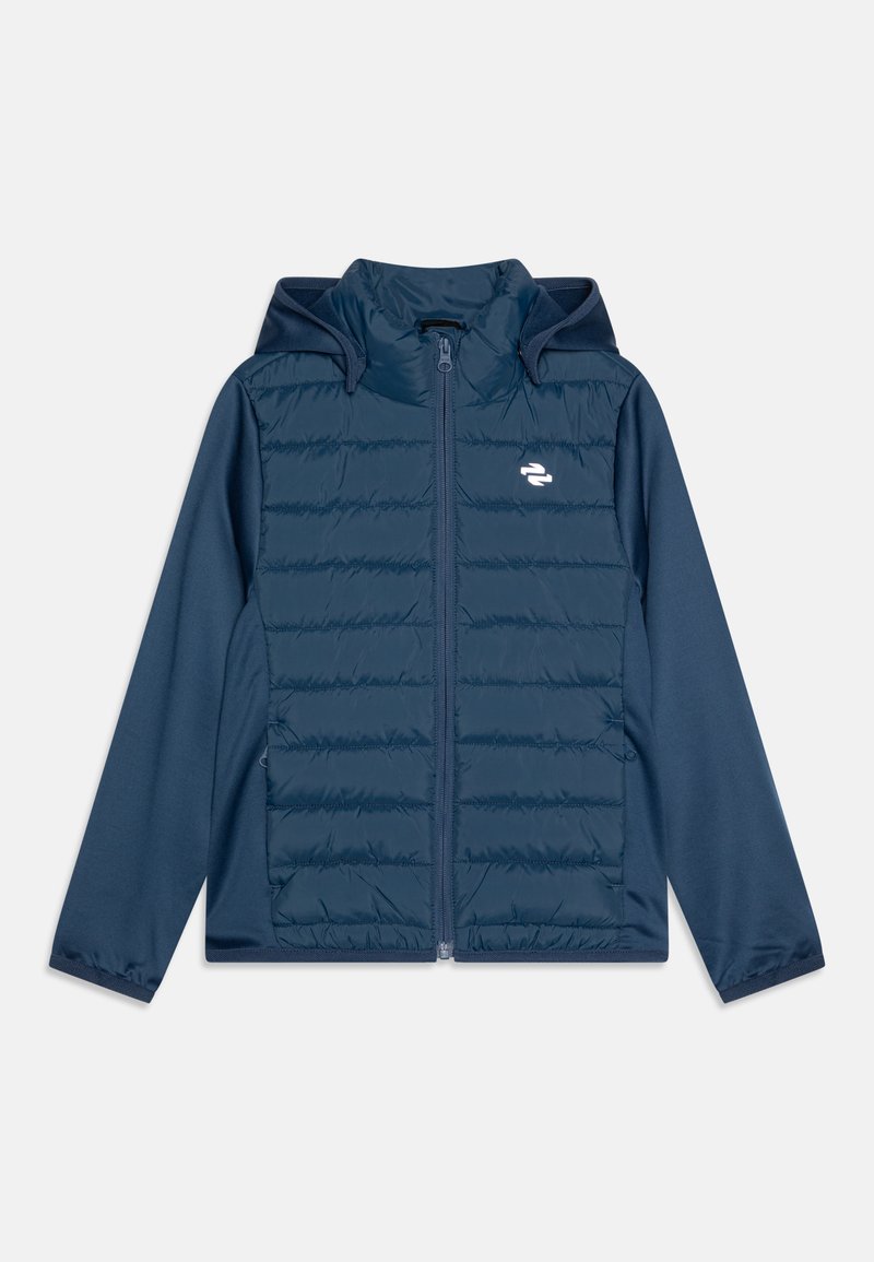 Marineblaue Steppjacke mit Reißverschluss und Kapuze. Verfügt über eine gesteppten Textur im Oberkörper und glatte Stoffärmel. Kleines Logo auf der Brust.