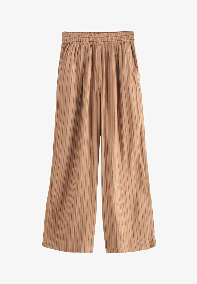 Weite Hosen aus einem hellbraunen Stoff mit vertikalen Streifen. Mit einem elastischen Bund und weichem, strukturiertem Material.