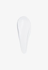 Biała crema o gładkiej, błyszczącej teksturze, uformowana w kropelę, delikatnie zwężającą się na jednym końcu. Brak widocznych wzorów lub akcentów.