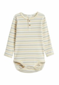 Bodysuit pour bébé à manches longues en tissu côtelé, avec un motif rayé jaune et beige, un col rond et une fermeture pressionnée au bas.