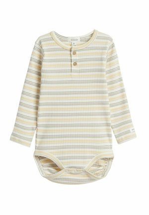 Bodysuit pour bébé à manches longues en tissu côtelé, avec un motif rayé jaune et beige, un col rond et une fermeture pressionnée au bas.