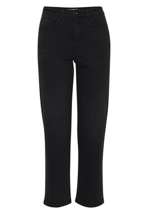Jeans de mezclilla negra con corte recto, dos bolsillos delanteros, cremallera y un acabado ligeramente texturizado. La costura es visible a lo largo de las costuras.