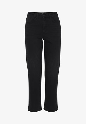 Crne traperice s ravnim krojem, dva prednja džepa, zatvaranje na zip, i blago teksturirana površina. Šavovi su vidljivi duž šavova.