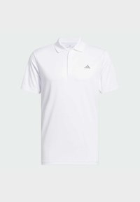 Bijela polo majica izrađena od glatkog pamučnog materijala. Ima klasičan ovratnik, kratke rukave i suptilni sivi Adidas logo na grudima.