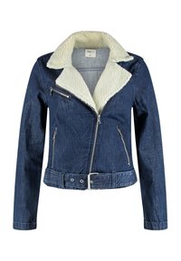 Veste en denim bleu foncé avec col et doublure en polaire blanche, fermeture éclair asymétrique à l'avant, poches zippées et taille ceinturée.