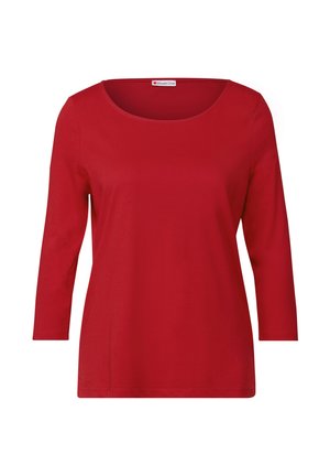 Rode katoenen top met lange mouwen, een ronde hals en een ontspannen pasvorm. Gladde textuur zonder zichtbare patronen of hardwaredetails.