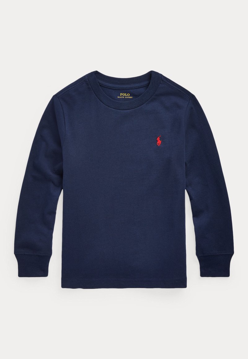 Langärmliges marineblaues Hemd aus Baumwolle mit Rundhalsausschnitt und kleinem roten Logo auf der linken Brust. Glatte Textur und taillierte Passform.