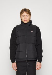 Gilet imbottito nero con colletto alto, chiusura con zip e logo discreto. Indossato sopra una maglietta nera a maniche lunghe, caratterizzata da una texture liscia e lucida.