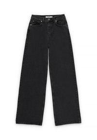 Jeans anchos negros de mezclilla, con cintura alta, dos bolsillos frontales y cierre de botón con cremallera.