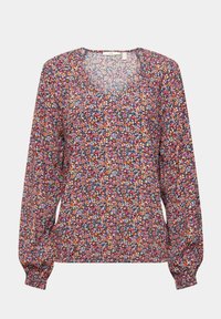 Blouse à manches longues avec col en V, imprimé floral multicolore de petites fleurs en nuances de violet, rose, orange et bleu, avec poignets froncés.