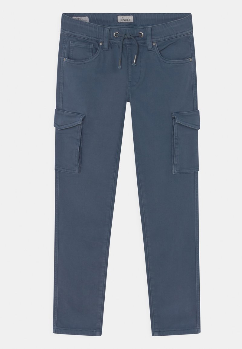 Pantaloni cargo in cotone blu con taglio dritto, dotati di due tasche laterali, vita con cordoncino e dettagli di cucitura discreti.