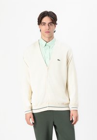 Cardigan avorio con scollo a V, caratterizzato da un'apertura con bottoni e dettagli a strisce verdi sui polsini. Indossato sopra una camicia a strisce verde chiaro.