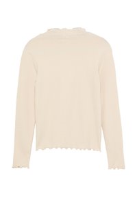 Lichtbeige lange mouwtop van ribmateriaal, met een gerimpelde halslijn en een ongelijkmatig gesneden zoom.