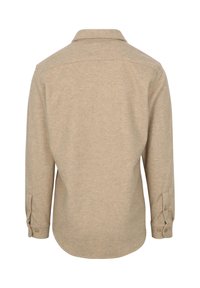Beige lange mouwen shirt met een kraag, knoopmanchetten en een gestructureerde stof. De achterkant heeft een afgeronde zoom en geen zichtbare logo's.