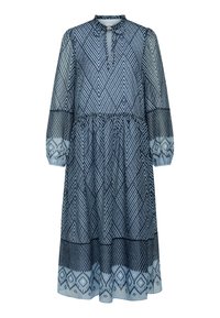 Midi-mekko, jossa on geometrinen kuvio tummansinisessä ja vaaleansinisessä, kerätty vyötärö, pitkät läpinäkyvät hihat ja avonainen kaula-aukko.