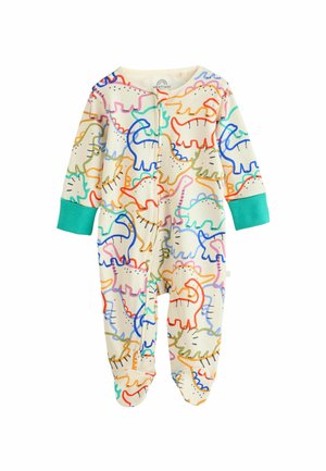 Colorful dinosaur-themed infant onesie featuring a cream background, long sleeves, turquoise cuffs, and bright, outlined dinosaur patterns.