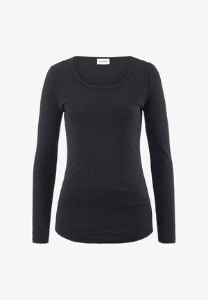 Schwarz, langärmliges T-Shirt mit Rundhalsausschnitt, aus weichem, dehnbarem Material gefertigt. Es hat ein tailliertes Design und eine glatte Oberfläche ohne sichtbare Muster.